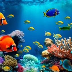 Tropical sea underwater fishes on coral reef. Aquarium oceanarium wildlife colorful marine panorama landscape nature snorkel diving.